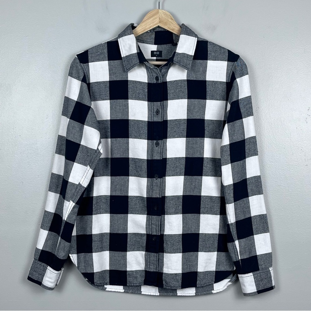 Uniqlo Women's 100% Cotton Black & White Buffalo Plaid Flannel Shirt Size XS